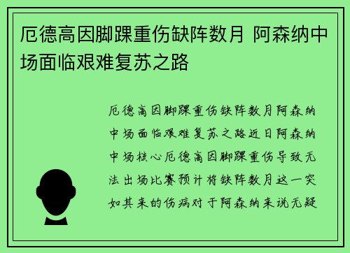 厄德高因脚踝重伤缺阵数月 阿森纳中场面临艰难复苏之路