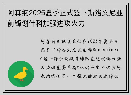 阿森纳2025夏季正式签下斯洛文尼亚前锋谢什科加强进攻火力
